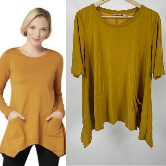 LOGO by Lori Goldstein Mustard Asymmetrical Tee - Picture 1 of 9